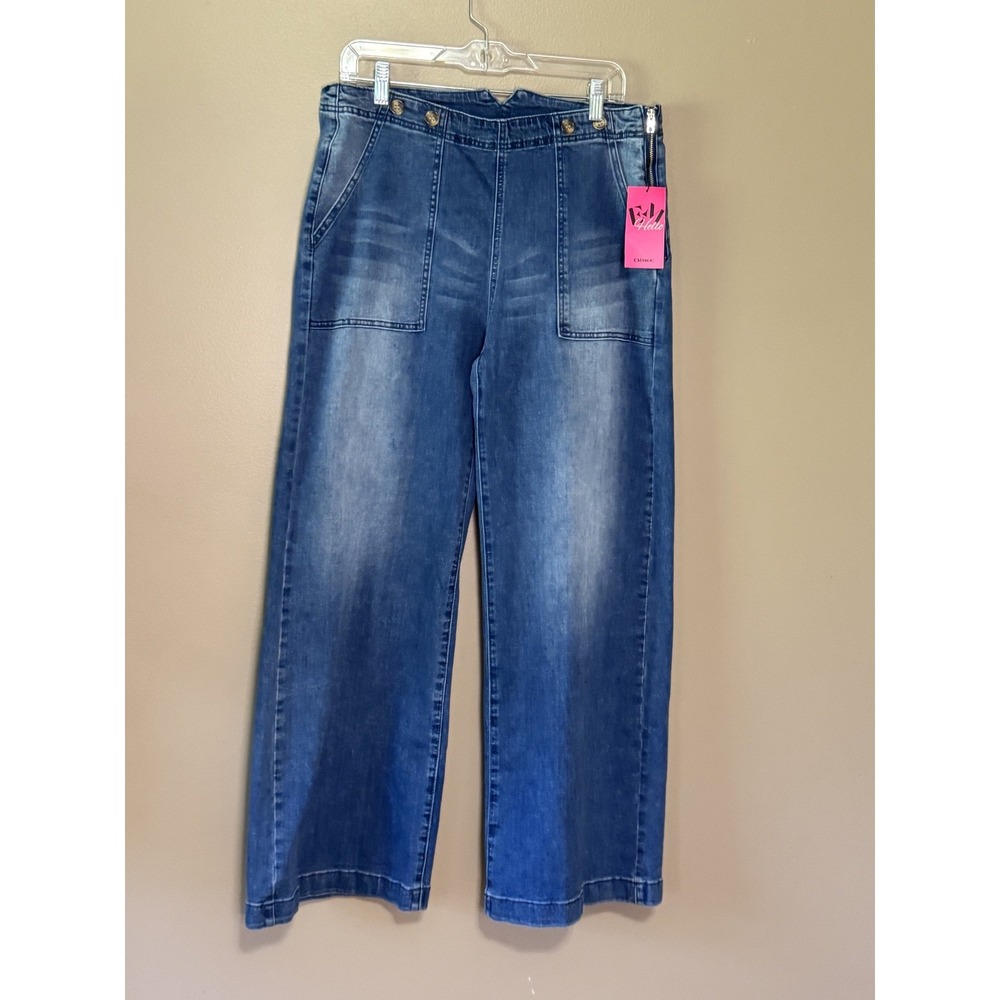Emmiol Wide Leg Jeans Blue Pull On Side Zip Relaxed Fit Denim XL NWT